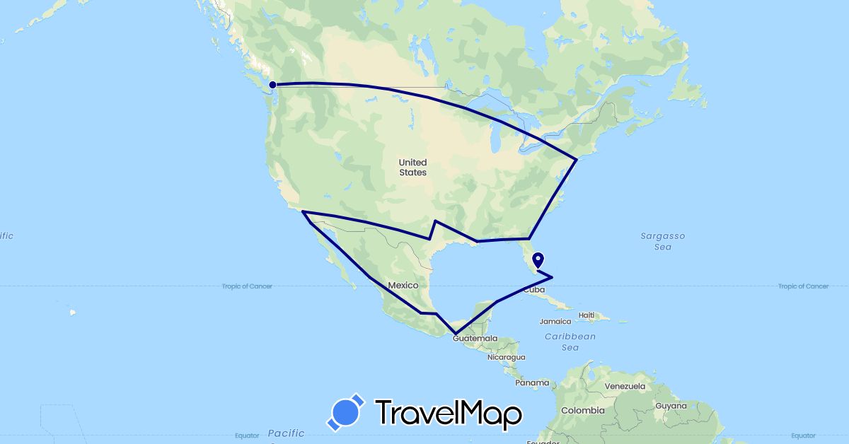 TravelMap itinerary: driving in Bahamas, Canada, Cuba, Mexico, United States (North America)